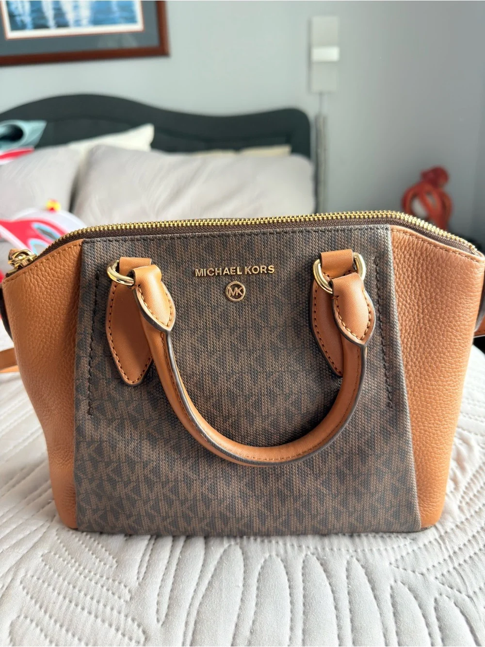 Michael Kors Brown & Tan Logo Saffiano Leather Satchel
